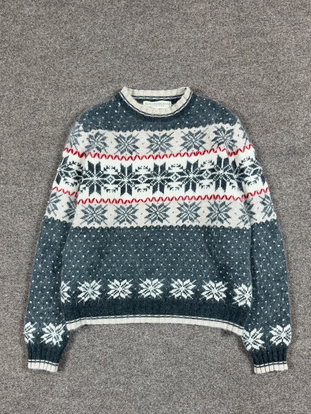 Vintage Gray White Nordic Fair Isle Wool Angora Rabbit Fur Sweater Women’s M Pet